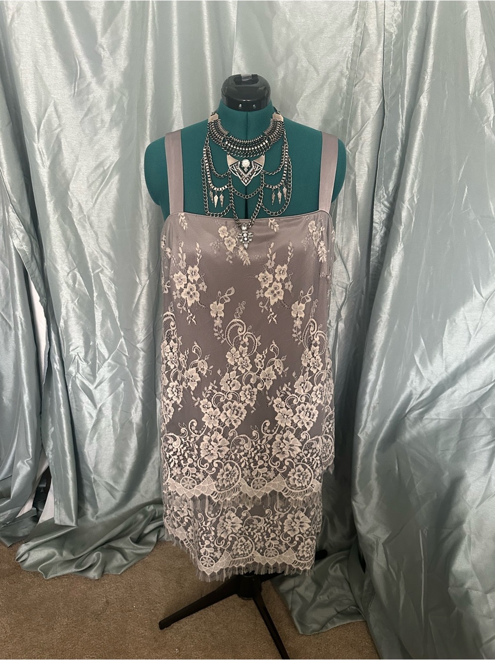 R&M Richards Woman Dress in Gray Satin & Ivory Lace